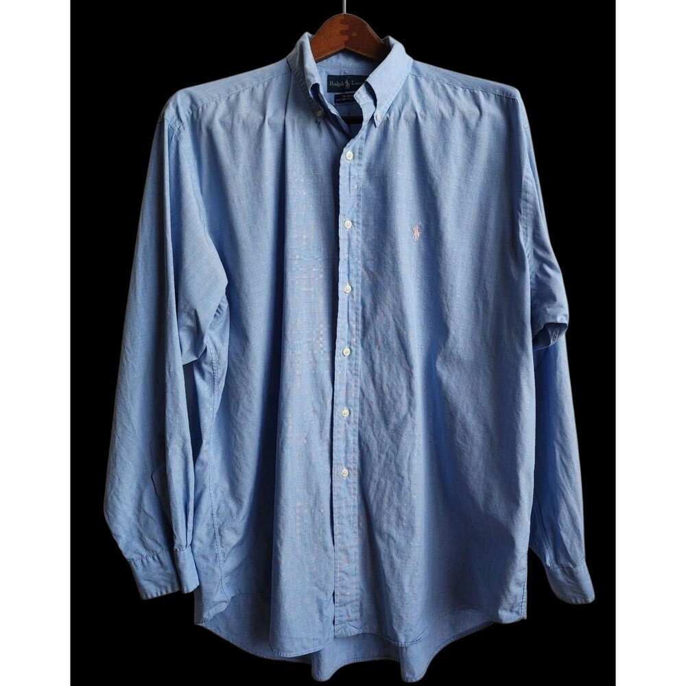 Ralph Lauren Blake Blue Plaid Dress Shirt Men's XL Button Down 100% Cotton
